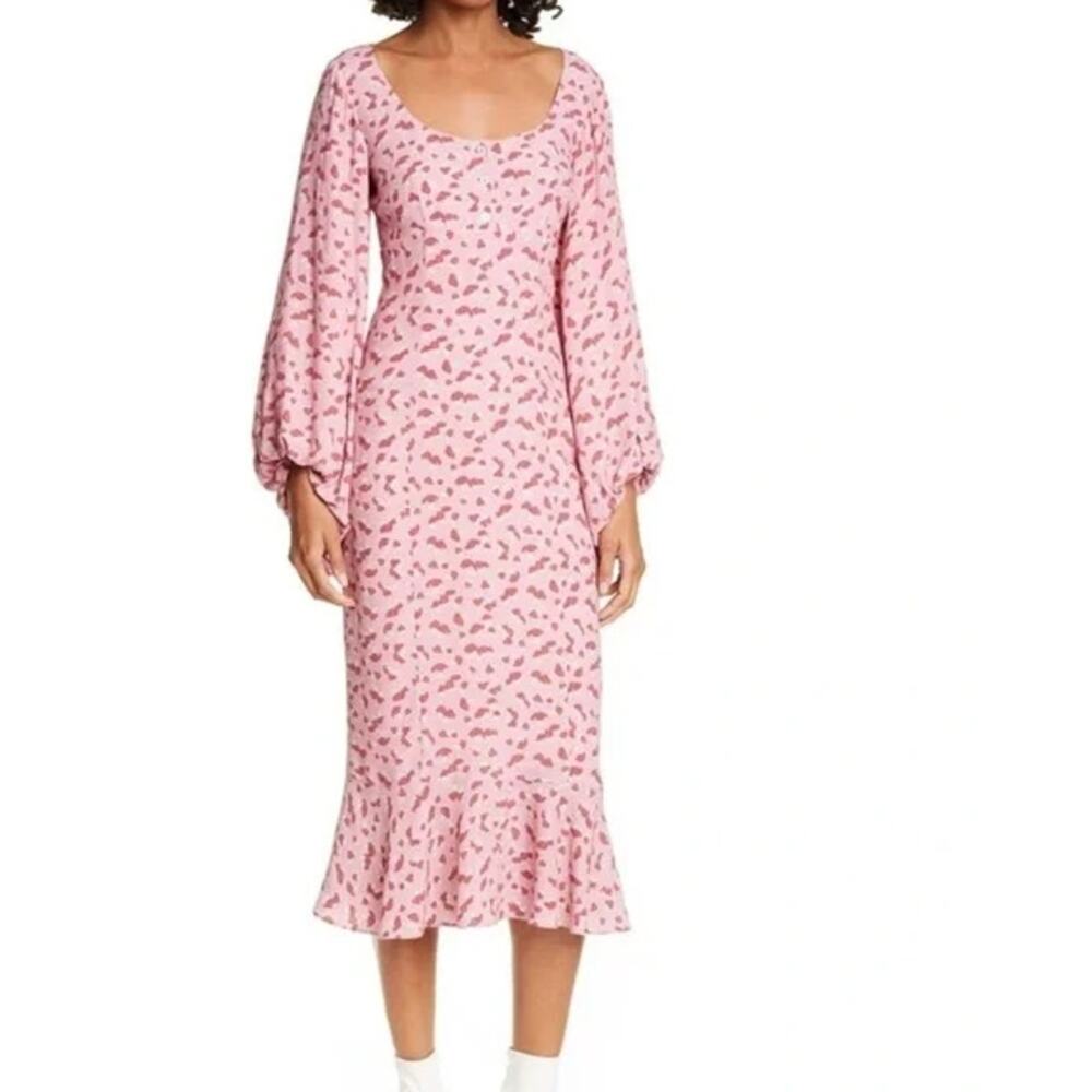 STAUD Lara Mushroom Print Midi Dress Scoop Neck Balloon Sleeve Ruffle Novelty - Picture 13 of 14